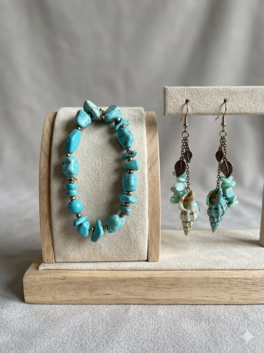🌸 Turquoise Bead Stretch Bracelet and Seashell Earrings Set 🌸